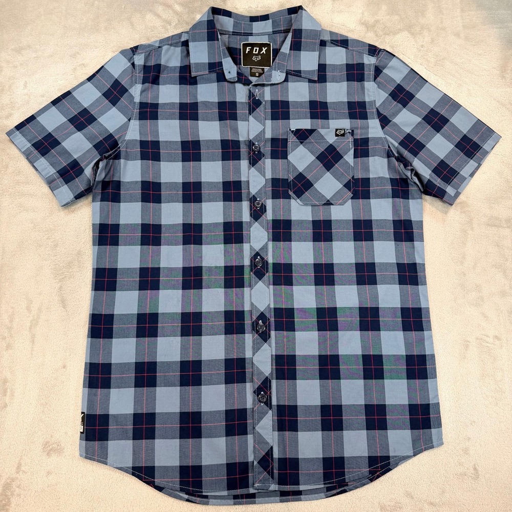 Fox Racing Mens Button Down Short Sleeve Shirt Blue Plaid Size Small